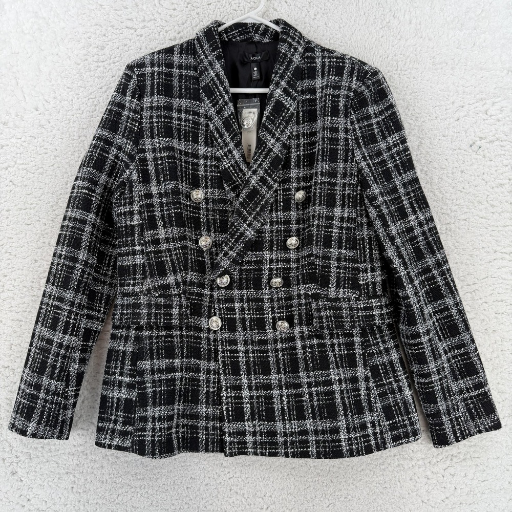 Aqua Blazer Womens Large Black White Plaid Tweed Double Breasted Lined Jacket
